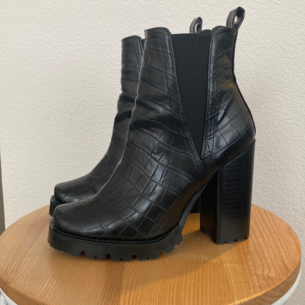Black faux croc heeled boot